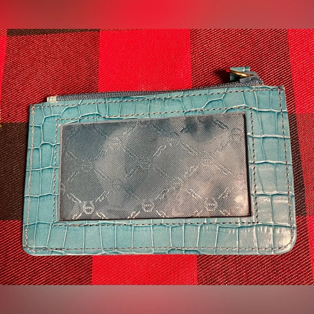 Etienne Aigner Teal Croc-Embossed Card Holder with Mirror Attached & Gold Accent